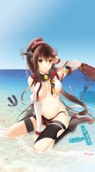 Rule 34 | 10s, 1girl, anchor, bad id, bad pixiv id, beach, blush, breasts, brown eyes, brown hair, cherry blossoms, cleavage, day, detached sleeves, flower, hair flower, hair ornament, ruffling hair, kantai collection, kneeling, large breasts, long hair, looking at viewer, navel, ocean, outdoors, partially submerged, personification, petals, ponytail, ramune, saikawa yusa, shallow water, sitting, skirt, sky, smile, solo, thighhighs, torn clothes, very long hair, wariza, water, yamato (kancolle)
