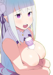 Rule 34 | 1girl, between breasts, blush, breasts, detached collar, emilia (re:zero), hands on own thighs, hands together, happy, highres, large breasts, legs, long hair, looking at viewer, motion lines, open mouth, pink eyes, re:zero kara hajimeru isekai seikatsu, simple background, sitting, sleeveless, smile, tetrodotoxin, thighs, white background, white hair