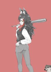 Rule 34 | 1girl, absurdres, animal ear fluff, animal ears, baseball bat, black hair, brown eyes, cheemsburger (doge), commentary, denim, drawfag, english commentary, from behind, hair ornament, hairclip, highres, holding, holding baseball bat, hololive, jacket, jeans, letterman jacket, long hair, multicolored hair, ookami mio, pants, red background, red hair, smile, solo, streaked hair, virtual youtuber, wolf ears, wolf girl