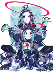 Rule 34 | 2boys, absurdres, black hair, black pants, blonde hair, blue eyes, blue hair, child, chinese clothes, commentary request, earrings, expressionless, eyeshadow, fate/grand order, fate (series), gloves, green eyes, grin, halo, highres, jewelry, leg tattoo, light blush, long hair, long sleeves, looking at viewer, makeup, male focus, multicolored eyes, multicolored hair, multiple boys, nn mr, pale skin, pants, red eyes, red eyeshadow, red ribbon, ribbon, sharp teeth, simple background, sitting, sitting on lap, sitting on person, smile, taisui xingjun (fate), tattoo, teeth, time paradox