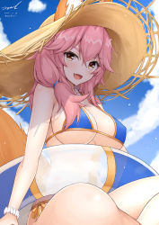 Rule 34 | 1girl, :d, animal ear fluff, animal ears, bikini, blue bikini, blue sky, blurry, blush, bracelet, breasts, cleavage, cloud, cloudy sky, covered erect nipples, dated, day, depth of field, ears through headwear, fang, fate/grand order, fate (series), fox ears, fox girl, fox tail, hair between eyes, hat, innertube, jewelry, large breasts, long hair, looking at viewer, navel, necklace, open mouth, outdoors, pink hair, side-tie bikini bottom, signature, sitting, sky, smile, solo, straw hat, sun hat, swim ring, swimsuit, tail, tamamo (fate), tamamo no mae (fate/extra), tamamo no mae (swimsuit lancer) (fate), twitter username, underboob, unel, v-shaped eyebrows, yellow eyes
