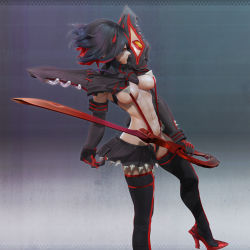 Rule 34 | 1girl, 3d, absurdres, armpits, black hair, blue eyes, boots, breasts, cameltoe, cleavage, covered erect nipples, high heel boots, high heels, highres, katana, kill la kill, large breasts, leslyzerosix, long hair, looking at viewer, matoi ryuuko, red hair, sword, thigh boots, thighhighs, weapon