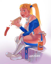 Rule 34 | 1girl, absurdres, alt text, artist name, blonde hair, blue eyes, blue leotard, breasts, cleavage, cleavage cutout, clothing cutout, commentary, crossed legs, english commentary, full body, heart cutout, highres, hot dog, leotard, long hair, looking at viewer, mask, medium breasts, open mouth, quasimodox, rainbow mika, shoulder cutout, sitting, soda, solo, street fighter, street fighter v, street fighter zero (series), thighs, twintails, wrestling outfit