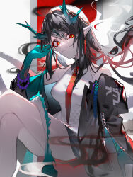 Rule 34 | 1girl, absurdres, arknights, arm up, banner, black hair, black jacket, colored inner hair, colored skin, commentary, cowboy shot, dragon girl, dragon horns, dragon tail, dusk (arknights), evil eyes, eyeshadow, frown, furittsu, green skin, highres, horns, jacket, knees up, long hair, looking at viewer, makeup, multicolored hair, necktie, open clothes, open jacket, pointy ears, red eyes, red eyeshadow, red hair, red necktie, shirt, simple background, sitting, sleeveless, sleeveless shirt, smoke, solo, tail, white background, white shirt, yandere
