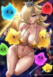 Rule 34 | 1girl, bare shoulders, bikini, blonde hair, blue eyes, blush, breasts, cleavage, collarbone, commentary, crown, earrings, enma (enmanuelart), grin, hair over one eye, highres, jewelry, large breasts, long hair, looking at viewer, luma (mario), mario (series), navel, nintendo, rosalina, smile, star-shaped bikini, star (symbol), star earrings, super mario galaxy, swimsuit, symbol-only commentary, thigh gap, thighs, wand, yellow bikini