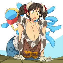 Rule 34 | 1girl, :o, animal print, apron, breasts, breasts squeezed together, brown hair, cleavage, cow girl, cow horns, cow print, creature, denim, gigantic breasts, gloves, grey horns, hanging breasts, hataraki ari, horns, jeans, leaning forward, looking at viewer, open mouth, original, pants, short hair, simple background, solo, standing, sukimi, twintails, white background, yellow eyes