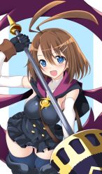 Rule 34 | 1girl, :d, ahoge, antenna hair, aster knight, black gloves, black thighhighs, blue eyes, blush, boots, breasts, brown hair, buttons, cape, detached sleeves, gloves, hair between eyes, hair ornament, highres, holding, holding weapon, iwashi dorobou -r-, lance, large breasts, long hair, looking at viewer, nippon ichi, open mouth, polearm, refrain no chika meikyuu to majo no ryodan, scarf, short hair, smile, solo, thigh boots, thighhighs, weapon, zettai ryouiki