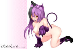 Rule 34 | 1girl, :3, all fours, animal ears, animal hands, ass, black hair, breasts, cat ears, cat tail, character name, cheshire cat (monster girl encyclopedia), claws, hair between eyes, highres, long hair, looking at viewer, monster girl, monster girl encyclopedia, multicolored hair, nanostar, nipples, nude, paw pose, polka dot, polka dot background, purple hair, shoes, simple background, slit pupils, solo, streaked hair, tail, two-tone hair, white background, yellow eyes