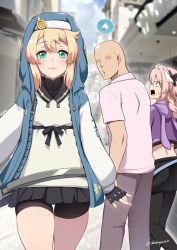 Rule 34 | 3boys, animal hood, astolfo (fate), black gloves, black pantyhose, black shorts, black skirt, blonde hair, blue eyes, blue jacket, blurry, blurry background, blush, braid, breasts, bridget (guilty gear), closed mouth, darkmaya, day, distracted boyfriend (meme), faceless, faceless male, fate/grand order, fate (series), fingerless gloves, gloves, guilty gear, hood, hood down, hood up, hooded jacket, hoodie, jacket, large breasts, long hair, long sleeves, looking at another, looking at viewer, male focus, meme, multiple boys, open clothes, open jacket, open mouth, outdoors, pants, pantyhose, pink hair, pink shirt, pleated skirt, purple hoodie, shirt, short shorts, shorts, skirt, smile, sweatdrop, trap, twitter username