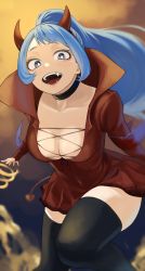 Rule 34 | 1girl, absurdres, black choker, black thighhighs, blue eyes, blue hair, boku no hero academia, breasts, choker, cleavage, collarbone, costume, demon costume, demon horns, demon tail, dress, fangs, fengling (furin-jp), hadou nejire, highres, horns, large breasts, long hair, looking at viewer, open mouth, ponytail, red dress, short dress, sky, solo, spiral power, tail, thighhighs, thighs
