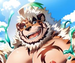 Rule 34 | 1boy, ahoge, animal ears, bara, beard, blue eyes, chest tattoo, cloud, cloudy sky, facial hair, fluffy, furry, furry male, grin, hombre tigre (housamo), large pectorals, male focus, muscular, muscular male, nipples, nude, pectorals, rossciaco, short hair, sky, slime (substance), smile, solo, sunlight, tattoo, thick eyebrows, tiger boy, tiger ears, tokyo houkago summoners, upper body, white hair