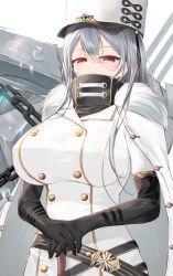 Rule 34 | 1girl, absurdres, azur lane, black gloves, breasts, buttons, chain, coat, coat dress, covered mouth, double-breasted, fur-trimmed coat, fur trim, gloves, hair between eyes, hat, high collar, highres, large breasts, long hair, machinery, military, military hat, military uniform, mole, mole under eye, own hands together, red eyes, rigging, sakkama, sidelocks, silver hair, sovetskaya rossiya (azur lane), uniform, white coat