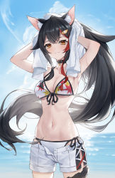 Rule 34 | 1girl, animal ear fluff, animal ears, arms up, bikini, bikini under clothes, black hair, blush, breasts, brown eyes, cleavage, closed mouth, cow, floating hair, front-tie top, hair ornament, hairclip, highres, hololive, large breasts, leaf print, long hair, multicolored hair, navel, ookami mio, ookami mio (hololive summer 2019), ponytail, print bikini, red hair, retsu (retsu 3), shorts, solo, stomach, streaked hair, swimsuit, thighhighs, towel, towel on head, very long hair, virtual youtuber, wet, white bikini, white shorts, wolf ears