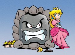 Rule 34 | 1girl, 2others, angry, blonde hair, blue eyes, bowsette, corpse, crossed arms, crown, crushing, doc shoddy, downrightshoddy, dress, earrings, gloves, high heels, jewelry, long hair, mario (series), meme, multiple others, new super mario bros. u deluxe, nintendo, pink dress, princess peach, smug, spikes, super crown, super mario bros. 3, tail, thwomp