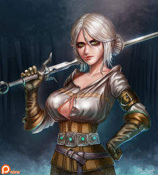 Rule 34 | 1girl, badcompzero, breasts, ciri, freckles, gloves, green eyes, jewelry, lips, long hair, looking at viewer, makeup, medium breasts, scar, short hair, silver hair, solo, sword, the witcher (series), the witcher 3, weapon