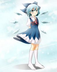 Rule 34 | 1girl, :o, arms behind back, blue background, blue eyes, blue hair, bow, cirno, dress, gradient background, hair bow, ice, ice wings, kneehighs, looking at viewer, matching hair/eyes, negu (pixiv 6519140), no shoes, puffy short sleeves, puffy sleeves, ribbon, shadow, short hair, short sleeves, socks, solo, touhou, wind, wind lift, wings
