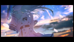 Rule 34 | 1girl, absurdres, black bow, blue hair, blue sky, blurry, blurry background, bow, closed eyes, commentary request, depth of field, dress, facing viewer, floating hair, fuyuno yuuki, hands up, highres, long hair, original, petals, romaji text, short sleeves, sky, solo, steepled fingers, translation request, very long hair, white dress, wide sleeves