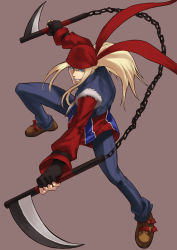 Rule 34 | 1boy, arc system works, axl low, bandana, beige background, black gloves, blonde hair, brown eyes, chain, dual wielding, fighting stance, fingerless gloves, full body, gloves, guilty gear, holding, holding weapon, ippo, loafers, long hair, looking at viewer, male focus, outstretched arms, pants, ponytail, shoes, simple background, solo, uniform, weapon