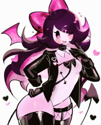 Rule 34 | asymmetrical legwear, breasts, cape, demon tail, demon wings, friday night funkin&#039;, girl (friday night funkin&#039;), gloves, hair ribbon, head wings, jacket, leather, leather jacket, long hair, looking at viewer, purple hair, ribbon, small breasts, smile, tail, thick thighs, thighhighs, thighs, usa37107692, wide hips, wings