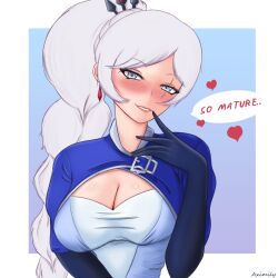 Rule 34 | 1girl, absurdres, aximily, blue eyes, blush, border, braid, braided ponytail, breasts, cleavage, earrings, elbow gloves, english text, female focus, gloves, hair ornament, hand up, heart, highres, jewelry, long hair, looking at viewer, medium breasts, parted lips, rwby, scar, scar across eye, solo, speech bubble, sweat, text focus, tiara, very long hair, weiss schnee, white border, white hair