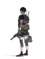 Rule 34 | american flag, ammunition pouch, ar-15, assault rifle, bandage on face, bandaged arm, bandages, black hair, gloves, gun, highres, kneehighs, looking to the side, mole, original, pen guin15, pouch, rifle, shirt, shoes, short hair, sneakers, socks, t-shirt, watch, weapon, white background