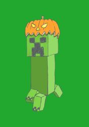 Rule 34 | absurdres, creeper, green background, hatching (texture), highres, jack-o&#039;-lantern, minecraft, pumpkin hat, shiromame, simple background
