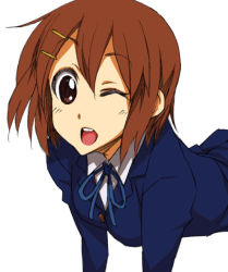 Rule 34 | 1girl, bent over, brown eyes, brown hair, female focus, hair between eyes, hair ornament, hairclip, hirasawa yui, isorashi, k-on!, looking at viewer, one eye closed, open mouth, school uniform, short hair, simple background, smile, solo, uniform, upper body, white background, wink