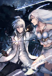 Rule 34 | 1boy, 1girl, absurdres, bare shoulders, black pants, boots, breasts, brown gloves, coat, copyright request, eye contact, fighting, forest, gloves, grey eyes, grey skirt, highres, holding, holding sword, holding weapon, jacket, long hair, long sleeves, looking at another, medium breasts, nature, navel, night, outdoors, pants, parted lips, skirt, smile, sword, tree, weapon, white coat, white hair, white jacket