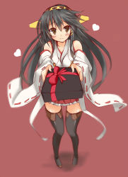 Rule 34 | 10s, 1girl, bare shoulders, black hair, blush, boots, brown eyes, detached sleeves, full body, gift, hairband, haruna (kancolle), heart, highres, incoming gift, japanese clothes, kantai collection, kurokage, long hair, personification, pov, solo, thigh boots, thighhighs