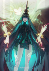 Rule 34 | 1girl, bare legs, black hair, blue hair, closed eyes, disembodied hand, english text, extra arms, fingernails, floating, glowing, glowing eyes, highres, hitodama, jewelry, konghai shanren, long fingernails, long hair, mole, mole under mouth, multicolored hair, navel, necklace, parted lips, punishing: gray raven, purple eyes, qu (punishing: gray raven), see-through, sharp fingernails, spirit, talisman, turtleneck, very long hair