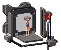 Rule 34 | 1girl, bare arms, bare legs, bare shoulders, barefoot, bow, brown eyes, brown hair, child, closed mouth, commentary, eyebrows, fukouna shoujo 03, full body, hair bow, hair ornament, hair ribbon, long sideburns, machine, matching hair/eyes, own hands clasped, pixel art, ribbon, scared, sideburns, solo, standing, swimsuit, transparent background, twintails, vvindowsme, wire