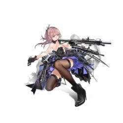 Rule 34 | 1girl, ar-15, bare shoulders, black collar, black dress, black footwear, black gloves, blue eyes, blue hair, boots, breasts, brown thighhighs, carbine, closed mouth, clothes writing, collar, crinoline, dress, english text, full body, girls&#039; frontline, gloves, gun, hair ornament, high heel boots, high heels, holding, holding gun, holding magazine (weapon), holding weapon, legs, lin+, long hair, magazine (weapon), mrs suppressor, multicolored hair, no panties, official alternate costume, official art, on one knee, pink hair, ponytail, rifle, short-barreled rifle, simple background, small breasts, solo, st ar-15 (girls&#039; frontline), st ar-15 (prisoner of the dream) (girls&#039; frontline), st pipe hitters sbr, streaked hair, suppressor, thighhighs, transparent background, umbrella, weapon