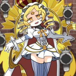 Rule 34 | 1girl, 2704ko, aiming, aiming at viewer, black shirt, blonde hair, blue thighhighs, blurry, blurry foreground, brick wall, bridal veil, cape, chibi, commentary request, corset, crown, drill hair, eyes in shadow, feet out of frame, forehead, frilled sleeves, frills, gloves, gold trim, gun, half-closed eyes, hatching (texture), heart, highres, holy mami, juliet sleeves, linear hatching, long sleeves, magia record: mahou shoujo madoka magica gaiden, magic, magical girl, magical musket, mahou shoujo madoka magica, matching hair/eyes, neck ribbon, open mouth, outline, outstretched arms, puffy long sleeves, puffy sleeves, red cape, ribbon, rifle, shadow, shirt, sidelocks, solo, striped clothes, striped shirt, striped thighhighs, thighhighs, tomoe mami, tsurime, turtleneck, twin drills, two-sided cape, two-sided fabric, veil, vertical-striped clothes, vertical-striped shirt, vertical-striped thighhighs, weapon, white cape, white gloves, white outline, white shirt, yellow eyes, yellow ribbon