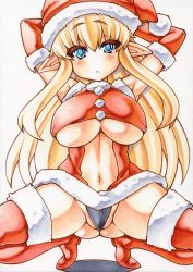 Rule 34 | 1girl, :&lt;, arms behind head, arms up, black panties, blonde hair, blue eyes, boots, breasts, christmas elf, clothing cutout, dress, elbow gloves, elf, female focus, gloves, graphite (medium), hat, huge breasts, large breasts, long hair, looking at viewer, marker (medium), midriff, millipen (medium), navel, navel cutout, original, panties, partially visible vulva, pointy ears, red dress, red footwear, red gloves, revealing clothes, revealing layer, santa costume, santa hat, short dress, solo, squiggle, thigh boots, thighhighs, traditional media, underboob, underwear, very long hair, yutakasan-love