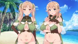 Rule 34 | 2girls, ahoge, antenna hair, bare shoulders, beach, bikini, blonde hair, blue eyes, blush, breast hold, breasts, brown eyes, brown gloves, cape, cleavage, cliff, cloud, covered erect nipples, day, elbow gloves, elf, front-tie top, gloves, green bikini, hair ornament, hand on own hip, hood, inari (inariya), jpeg artifacts, large breasts, long hair, looking at another, looking at viewer, multiple girls, navel, ocean, open mouth, original, outdoors, palm tree, pointy ears, short hair, side-tie bikini bottom, sidelocks, sky, swimsuit, tree, twintails