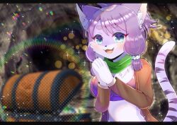 Rule 34 | 1girl, :d, animal ears, blue eyes, blurry, blurry background, blurry foreground, breasts, brown jacket, cat ears, cat girl, cat tail, claws, commentary request, commission, depth of field, fangs, furry, furry female, hands up, jacket, kou hiyoyo, lens flare, medium breasts, open clothes, open jacket, open mouth, original, palms together, purple hair, short eyebrows, skeb commission, smile, solo, striped tail, tail, thick eyebrows, treasure chest