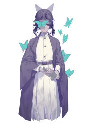 Rule 34 | 1girl, belt, black hair, bug, butterfly, butterfly hair ornament, closed mouth, fighting stance, hair ornament, haori, insect, japanese clothes, kimetsu no yaiba, kochou shinobu, long sleeves, one eye covered, purple eyes, ready to draw, solo, sword, twitter username, uniform, weapon, wide sleeves, yamakawa