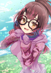 Rule 34 | 1girl, absurdres, android, blush, breasts, brown hair, cloud, glasses, gloves, hair between eyes, hand on own cheek, hand on own face, highres, hololive, hood, hoodie, leaf, long hair, looking at viewer, meadow, mechanical arms, mechanical legs, medium breasts, mihaeru, multicolored hair, open mouth, pink shirt, ponytail, roboco-san, roboco-san (hoodie), shirt, sky, smile, solo, upper body, virtual youtuber, yellow eyes