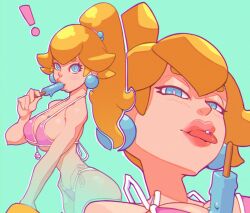 Rule 34 | 1girl, ass, bikini, blonde hair, blue eyes, blush, breasts, earrings, food, highres, hip bones, jewelry, large breasts, long hair, looking at viewer, mario (series), multiple views, nintendo, ponytail, popsicle, princess peach, seductive smile, shiny skin, smile, super mario bros. 1, swimsuit, thick lips, tongue, tongue out, viper1390