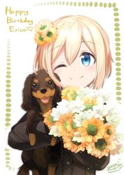 1girl blonde_hair blue_eyes blush bob_cut character_name commentary_request dachshund dated dog erica_hartmann flower flower_on_head happy_birthday highres signature strike_witches sunflower tsuchii_(ramakifrau) world_witches_series