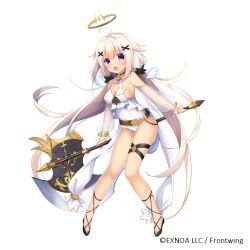 Rule 34 | 1girl, axe, bare shoulders, black footwear, breasts, character request, cleavage, copyright notice, covered navel, dennou tenshi djibril, detached sleeves, detached wings, full body, glowing, glowing wings, hair between eyes, hair ornament, halo, highres, holding, holding axe, light brown hair, long hair, long sleeves, low twintails, medium breasts, mini wings, official art, old school swimsuit, one-piece swimsuit, puffy long sleeves, puffy sleeves, purple eyes, school swimsuit, see-through, see-through sleeves, shoes, simple background, solo, swimsuit, twintails, umeko machi, very long hair, white background, white one-piece swimsuit, wings, x hair ornament