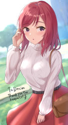 Rule 34 | 1girl, adjusting hair, bag, belt, belt buckle, black belt, blurry, blurry background, blush, buckle, commission, day, handbag, highres, long hair, long sleeves, looking at viewer, looking to the side, love live!, love live! school idol project, medium skirt, nishikino maki, open mouth, outdoors, pleated skirt, purple eyes, red hair, red skirt, ribbed sweater, skeb commission, skirt, solo, standing, sweater, swept bangs, tenpa (tenpa2190), white sweater