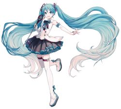 Rule 34 | 1girl, absurdly long hair, detached sleeves, full body, gradient hair, hair ornament, hatsune miku, holding, ixima, leg up, long hair, looking at viewer, magical mirai (vocaloid), magical mirai miku, magical mirai miku (2017), microphone, multicolored hair, musical note, number tattoo, official art, open mouth, pleated skirt, shoulder tattoo, simple background, skirt, sleeveless, smile, solo, tattoo, thighhighs, twintails, very long hair, vocaloid, white background, white thighhighs, zettai ryouiki