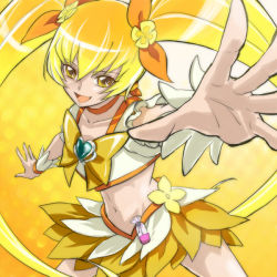 Rule 34 | 10s, 1girl, bad id, bad pixiv id, blonde hair, bow, brooch, choker, cure sunshine, heart, heart brooch, heartcatch precure!, hisu, long hair, looking at viewer, magical girl, midriff, myoudouin itsuki, navel, open mouth, orange bow, precure, skirt, smile, solo, twintails, yellow bow, yellow eyes