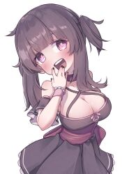 Rule 34 | 1girl, absurdres, alternate breast size, black dress, black nails, blush, bow, breasts, choker, collared shirt, detached sleeves, dress, fallenshadow, head tilt, highres, indie virtual youtuber, kiirokuma, large breasts, nail polish, open mouth, purple bow, purple choker, purple eyes, shirt, short sleeves, smile, solo, two side up, virtual youtuber, white background, wrist cuffs