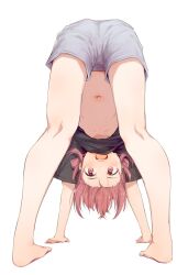 Rule 34 | 1girl, all fours, breasts, character request, copyright request, forehead, highres, medium hair, navel, open mouth, pink eyes, red hair, shirt, shorts, shuiro (frog-16), simple background, small breasts, smile, solo, teeth, upper teeth only, upside-down, white background