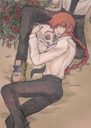 Rule 34 | 1girl, belt, black pants, braid, brown eyes, brown hair, chainsaw man, collared shirt, eyelashes, flower, hair between eyes, highres, holding, holding skull, jjjackson x, lap pillow, lips, long braid, long hair, long sleeves, looking at viewer, lying, lying on ground, makima (chainsaw man), necktie, on side, pants, parted lips, shirt, shueisha, skull, sleeves past elbows, solo, unusual pupils, white shirt