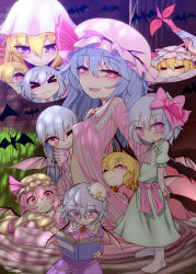 Rule 34 | 6+girls, bat wings, blonde hair, blue hair, book, bow, commentary request, dress, gap (touhou), glasses, hair bow, hat, hat ribbon, highres, if they mated, long hair, long sleeves, looking at viewer, mob cap, multiple girls, open mouth, pink hair, purple eyes, reading, red eyes, remilia scarlet, ribbon, short hair, smile, touhou, wings, yakumo yukari, yassy
