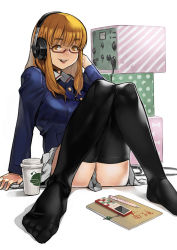Rule 34 | 10s, 1girl, :d, anglerfish, arm at side, black thighhighs, blue jacket, blunt bangs, book, buttons, cable, cellphone, cellphone charm, charm (object), cup, emblem, eyebrows, feet, fish, girls und panzer, glasses, grey skirt, headset, jacket, knees together feet apart, knees up, long hair, long sleeves, looking at viewer, ooarai military uniform, open mouth, orange eyes, orange hair, pen, phone, pocket, polka dot, red-framed eyewear, semi-rimless eyewear, simple background, sitting, skirt, smile, solo, striped, takebe saori, tareme, thighhighs, under-rim eyewear, white background, wing collar, yomu (sgt epper)
