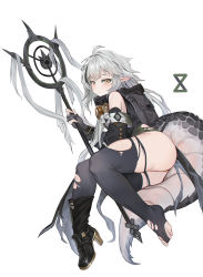 Rule 34 | 1girl, absurdres, arknights, ass, bare shoulders, black footwear, black hair, blush, closed mouth, crocodilian tail, dragon tail, fingerless gloves, fingernails, gloves, goggles, goggles around neck, grey gloves, grey hair, grey thighhighs, highres, holding, holding staff, lan xiezi, long hair, multicolored hair, partially fingerless gloves, pointy ears, scales, shoes, signature, simple background, single shoe, skindentation, solo, staff, streaked hair, tail, thighhighs, tomimi (arknights), torn, torn clothes, torn thighhighs, very long hair, white background, yellow eyes